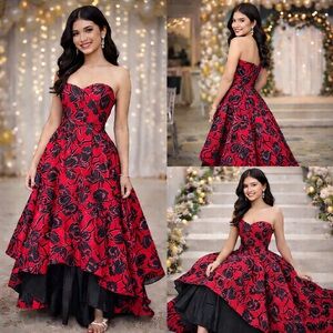 Sherri Hill Strapless Red Black Floral Prom Dress 8 High‎ Low Formal Quinceañera